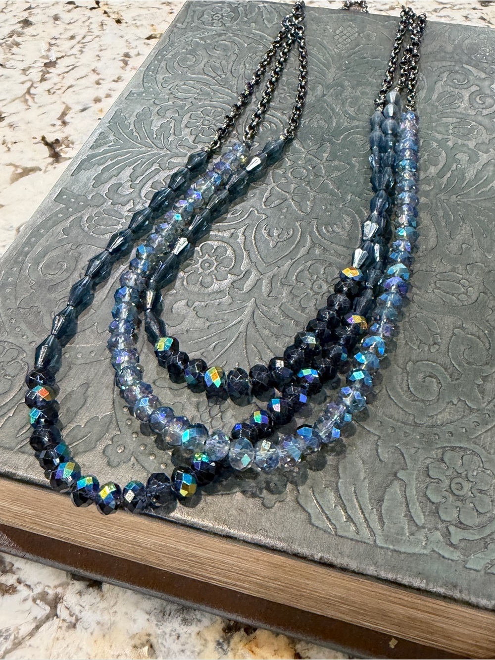 ViVI Multi-Strand Iridescent Blue and Black Crystal Necklace